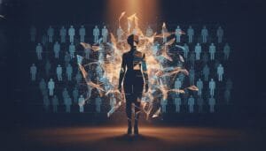 Silhouette of a person stands in front of digital abstract shapes with icons of people in the background, symbolizing individuality and technology.
