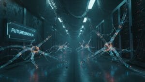A futuristic server room with glowing neural network structures, digital cables overhead, and a sign reading “FUTURE IS NOW” on the wall.