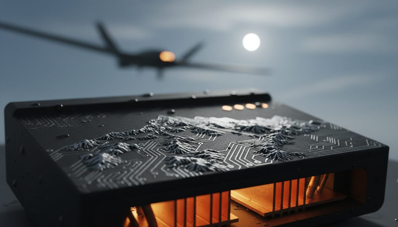 A 3D render shows a black device with a topographical circuit board design. A drone flies in the blurry background.