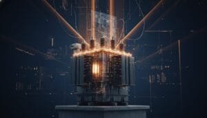 A high-voltage electrical transformer emits glowing orange light and digital visual effects, suggesting advanced technology and energy transmission.