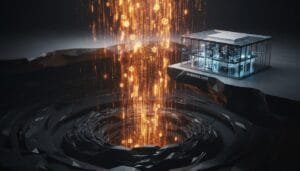 A glass-walled data center labeled "Inference Cliff" sits on a rocky ledge, with streams of glowing code flowing into a dark pit below.