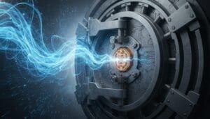A large metal vault door with digital circuits is being unlocked by a stream of blue energy or light.