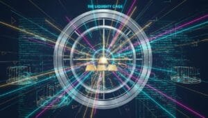 Digital illustration of gold bars inside concentric circles with neon lines and code, labeled "The Liquidity Cage," suggesting a concept of financial constraints or digital finance.