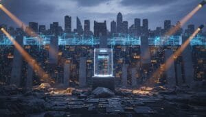 A glass-encased computer server sits on a pedestal amid ruins, spotlights shining, with a futuristic city skyline and glowing digital network lines in the background.