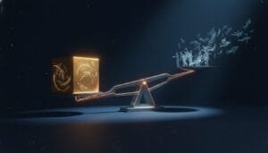 A glowing cube outweighs a group of translucent human figures on a metallic seesaw under dramatic lighting.