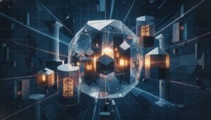 A geometric, futuristic structure with glowing orange lights and floating columns set against a dark, grid-patterned background.