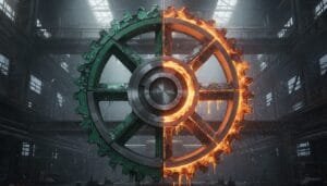 A large gear stands in an industrial warehouse, split down the middle with one half green and the other half glowing orange as if molten or on fire.