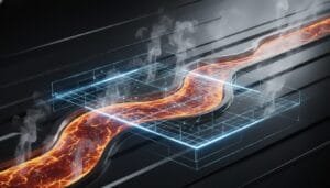 A digital illustration of a molten lava flow beneath a transparent, grid-like surface, emitting steam, with dark, parallel lines in the background.
