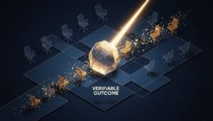 A glowing sphere labeled "Verifiable Outcome" smashes through a grid of office chairs, scattering debris and illuminated by a bright diagonal beam.