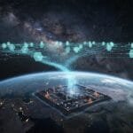 A digital network connects to a computer chip on Earth's surface, with data streams and a starry sky in the background, symbolizing global connectivity and advanced technology.