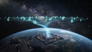 A digital network connects to a computer chip on Earth's surface, with data streams and a starry sky in the background, symbolizing global connectivity and advanced technology.
