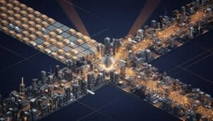 Isometric digital illustration of a futuristic cityscape with glowing circuit-like pathways converging at a central illuminated structure.