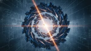 Futuristic metallic circular structure with glowing orange center, surrounded by geometric blue fragments against a digital schematic background.
