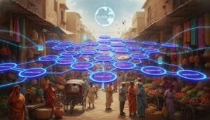 A busy market scene with people and stalls, overlaid with blue digital network nodes labeled "MICRO-LLM," connected to a central "GLOBAL AI" graphic.