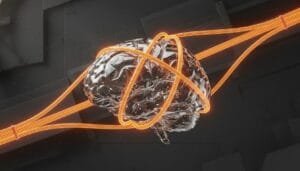 A metallic brain is encircled by glowing orange wires on a dark, geometric background.