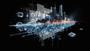 A digital rendering shows a city skyline integrated with DNA helix structures, gears, and microchips, representing a blend of biotechnology and advanced urban technology.