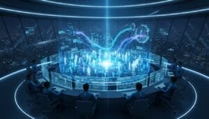 People seated at desks surround a large circular digital interface displaying holographic data and human figures, in a high-tech control room overlooking a city at night.