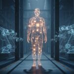 A digital human figure stands in the center of a dark industrial space, surrounded by robotic arms, with glowing circuitry visible throughout its body.