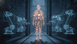 A digital human figure stands in the center of a dark industrial space, surrounded by robotic arms, with glowing circuitry visible throughout its body.