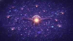 A group of futuristic drones with glowing lights fly in formation against a digital, abstract purple background with geometric shapes.