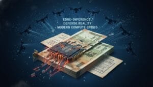 A computer chip melting onto stacks of currency, surrounded by drones, with the text: "Edge-inference / defense reality modern compute crisis.