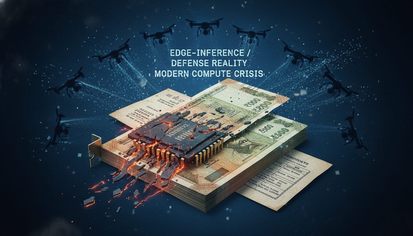 A computer chip melting onto stacks of currency, surrounded by drones, with the text: "Edge-inference / defense reality modern compute crisis.