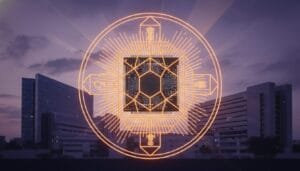 A glowing geometric digital circuit design is superimposed over modern office buildings at dusk, with a purple sky in the background.