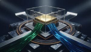 A gold NVIDIA chip encased in glass sits at the center of a circuit board, with green and blue streams flowing toward it from opposite sides.