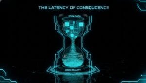 A digital hourglass labeled "2024 Data" at the top and "2026 Reality" at the bottom visualizes data flowing from the top chamber to the bottom, under the heading "The Latency of Consequence".