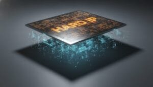 A 3D illustration of a computer chip displaying the words "HARD IP" on its surface, with digital circuitry and the words "PROCESS NODES" and "PROCESS INNOVATION" glowing below.