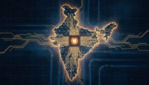 Digital illustration of India’s map with circuit patterns and a microchip at the center, symbolizing technology and digital infrastructure.