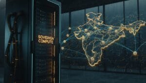 A server labeled "Sovereign Compute" stands beside a digital map of India with interconnected nodes, representing a national computing or data network.