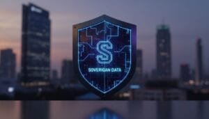 A digital shield with circuit patterns displays the letter "S" and the text "SOVERIGAN DATA" against a blurred cityscape background at dusk.