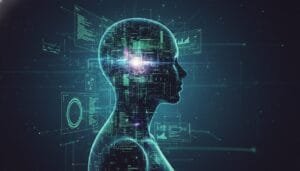 Digital illustration of a human head profile with technological elements and data visualizations, representing artificial intelligence and brain-computer interfaces.