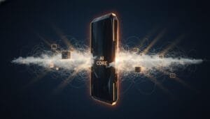 A sleek black device labeled "AI Core" is centered against a dark background, emitting glowing lines and particles that connect to floating cubes.