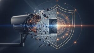 A security camera shattering apart, with digital elements and a glowing shield symbolizing cybersecurity or data protection.