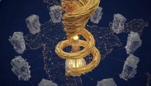 A golden spiral structure stands at the center of a digital network map, surrounded by abstract translucent geometric shapes.
