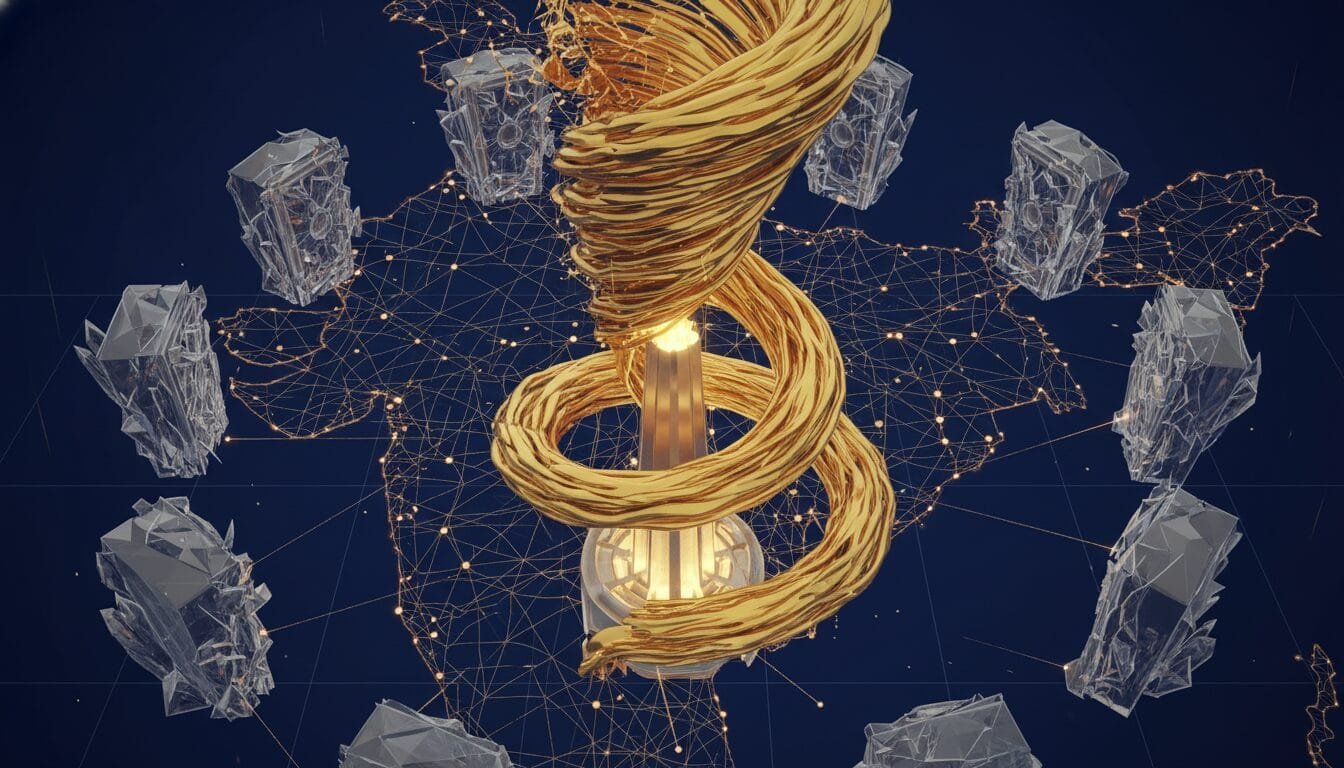 A golden spiral structure stands at the center of a digital network map, surrounded by abstract translucent geometric shapes.