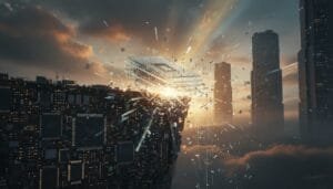 A microchip bursts from a circuit board amidst floating debris, with a city skyline and dramatic sunset in the background.