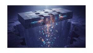A large floating block splits in the middle, releasing glowing fragments and light into a deep chasm below, surrounded by a dark, rocky landscape.