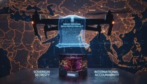 A drone hovers over a digital map with holographic text about the Indian Personal Data Protection Act, highlighting sovereign secrecy and international accountability.