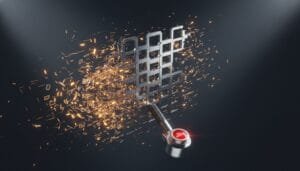 A red button labeled "RESET" is attached to a lever, which activates and disintegrates a metallic grid into glowing fragments and sparks.