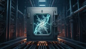 A secure vault door with a glowing DNA strand graphic on its window, set in a dimly lit server room with cables and computer racks.
