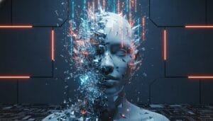 A digital human face with one side disintegrating into shards and data streams, set against a dark, futuristic background with glowing lines.