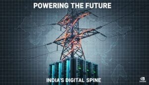 An illustration of a power transmission tower merging with computer servers, set against a digital world map grid, with text: "Powering the Future: India's Digital Spine.