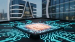 Close-up of a glowing microchip on a circuit board with modern glass buildings in the background.