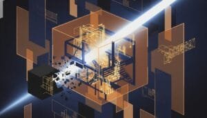 Abstract digital illustration of interconnected cubes and glowing circuitry, with a beam of light passing through the structures against a dark background.