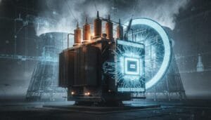 A large industrial transformer with glowing coils and digital circuitry overlays is set in a futuristic power plant environment with smoke and structural elements in the background.