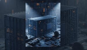 A large, dark shipping container with circuit-like patterns stands in a high-tech, industrial environment with orange and blue lighting accents.