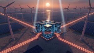 A futuristic data center is surrounded by wind turbines and solar panels at sunset, with illuminated lines connecting the structures.